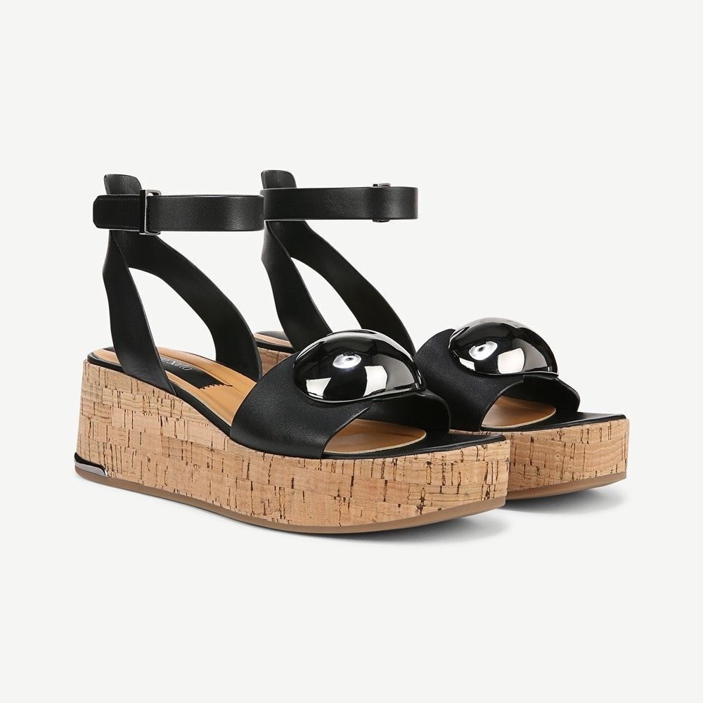 Franco Sarto NWT 2.5” Taysha Cork Resort Platform Leather Cork Wedge Sandal Blac - Picture 1 of 9